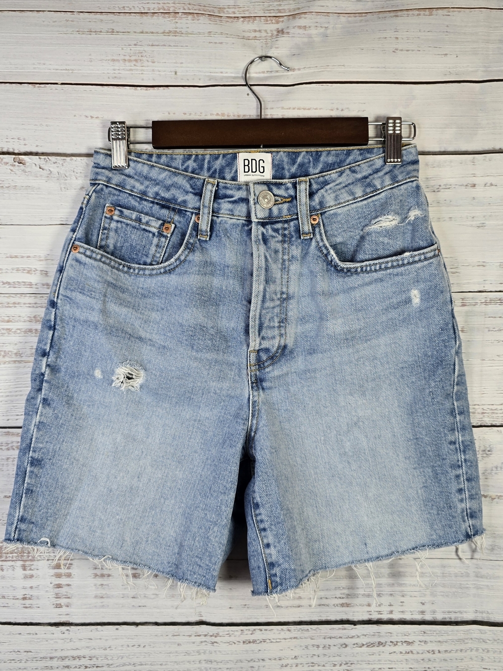 BDG 90s Long Inseam Denim Shorts Size 27 Distressed High Rise Cutoff